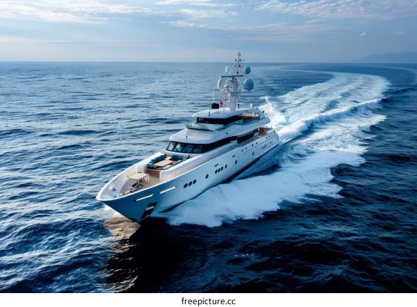A white luxury yacht is cruising in the blue ocean.
