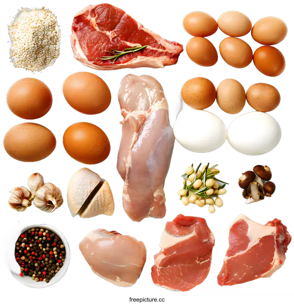 [Transparent Background PNG]Various Types Of Raw Meat, Poultry, Eggs And Other Ingredients Isolated On White Background