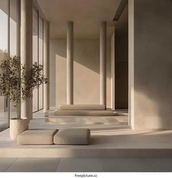 Minimalist Interior Design with Concrete Pillars and Sunlight