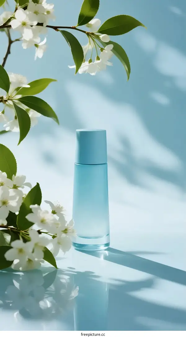 Elegant Blue Bottle with White Flowers and Fresh Green Leaves
