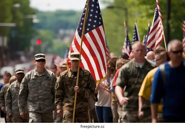 U.S. Soldiers carry the American flag in a parade.