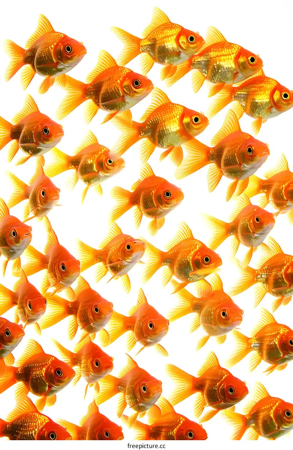 A group of goldfish are swimming in a white background.