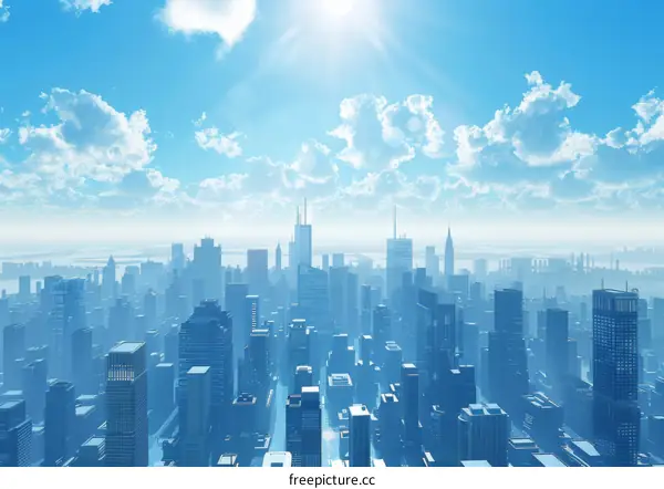Blue cityscape with skyscrapers and a river flowing through the center