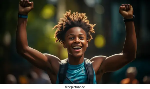 Ecstatic young African-American male celebrating his victory with arms raised in the air