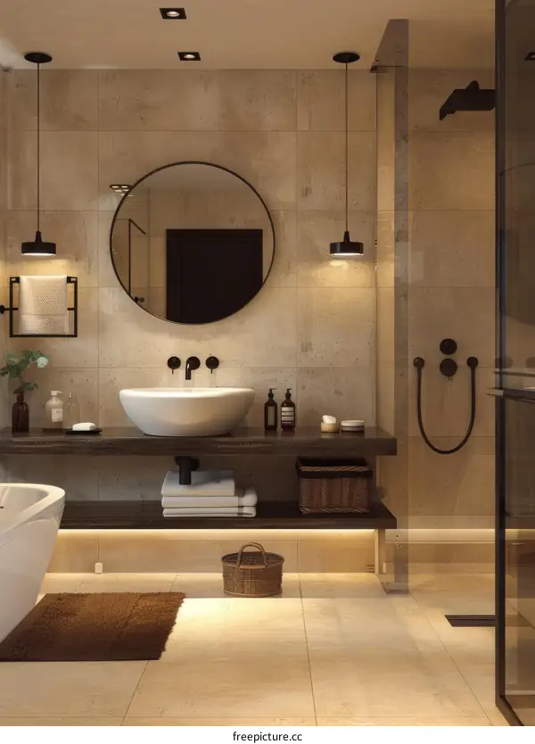 Modern Beige Bathroom Design with Wooden Vanity
