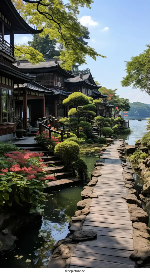 Japanese Garden Courtyard with Bridge and Pond