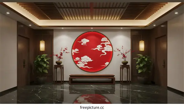 Elegant Red Circular Cloud Pattern in Traditional Chinese Hallway Design