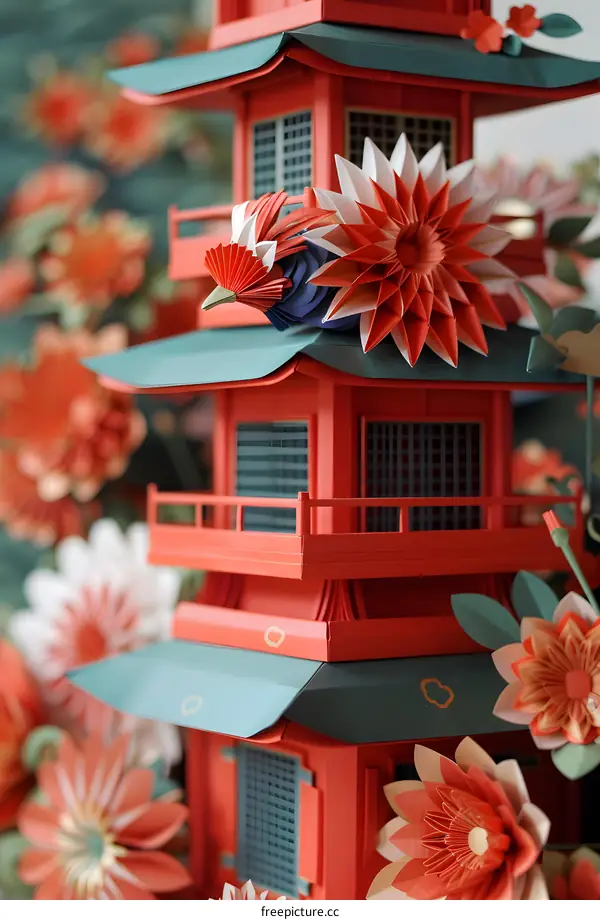 A red paper-cut model of a Chinese pavilion with a blue and red bird on the roof