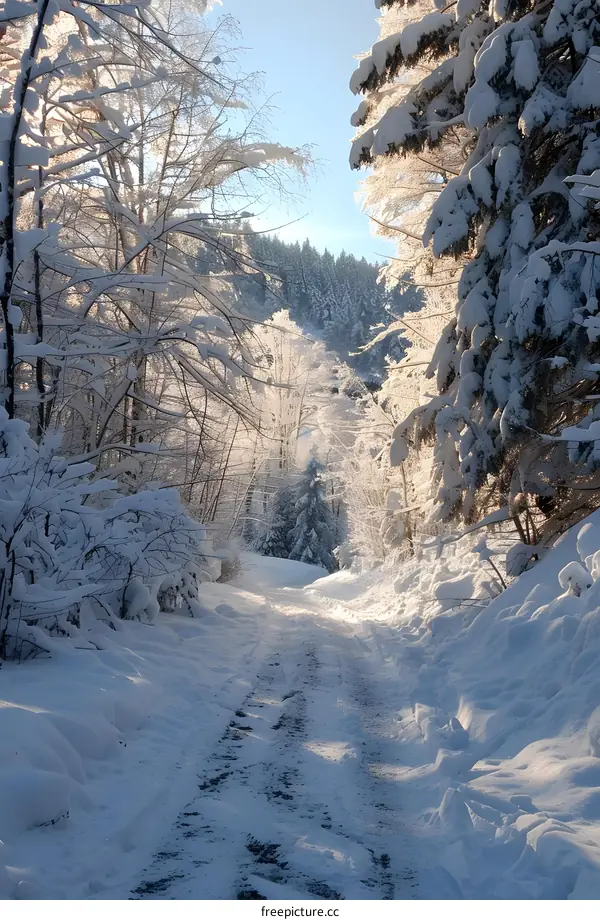 The snow-covered forest path