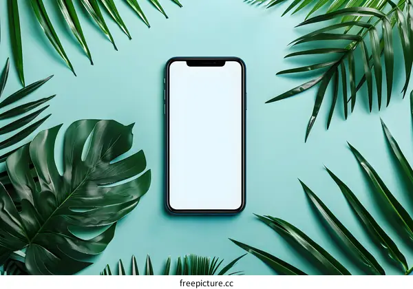 Smartphone Mockup with Tropical Leaves on Blue Background