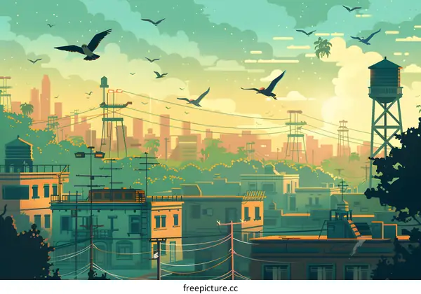 Cityscape Illustration with Birds Flying Over Buildings