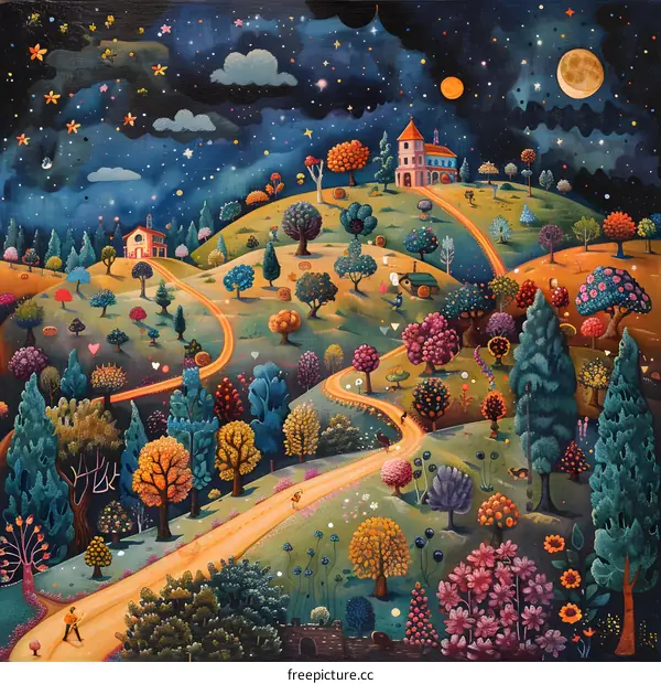 Whimsical and colorful illustration of a whimsical landscape with rolling hills and a starry night sky