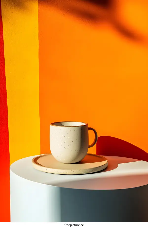 White Ceramic Mug on White Pedestal Against Yellow and Orange Background