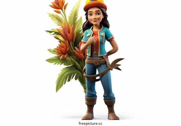 A female botanist with long brown hair wearing a blue shirt and brown pants standing next to a large bouquet of orange flowers