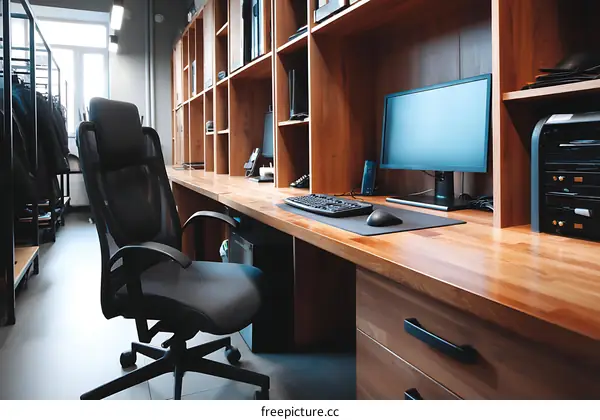 Modern Wooden Office Desk with Chair and Computer