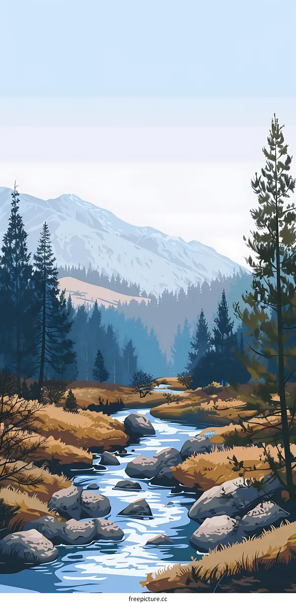 Mountain River Landscape Art Illustration