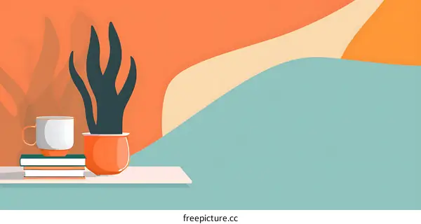 Abstract Minimalist Illustration of a Cup, Books, and a Plant on a Shelf