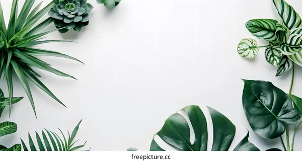 Tropical Green Leaves on White Background Flat Lay