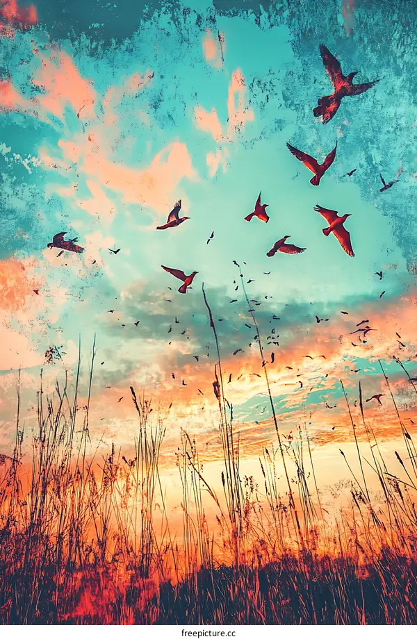 Birds Flying Over Grassland At Sunset