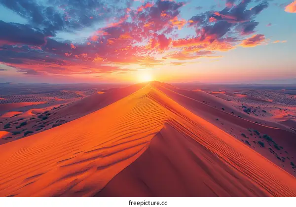 A vast and beautiful sand dune landscape with a setting sun and vibrant sky