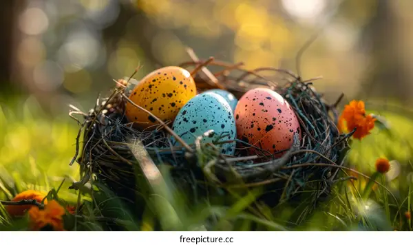 Colorful Easter eggs in a nest on green grass