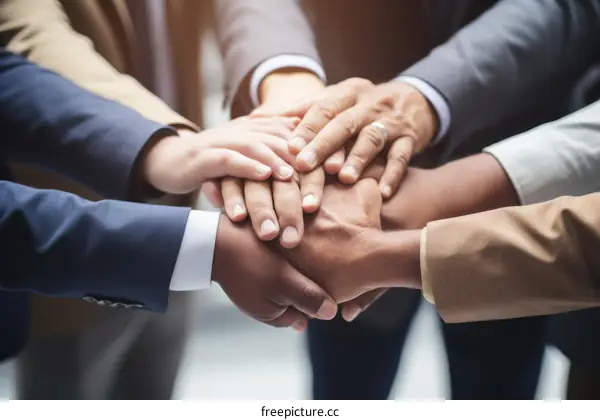 Multiracial business team joining hands together in unity and teamwork