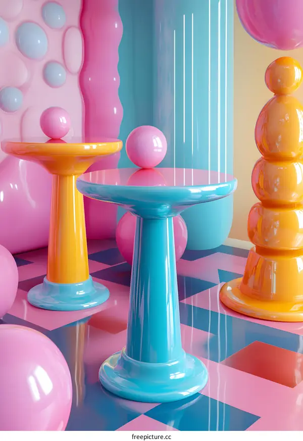 Abstract 3D Rendering of Pink Yellow and Blue Color Objects