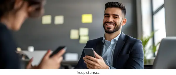 Smiling Businessman Looking at Phone