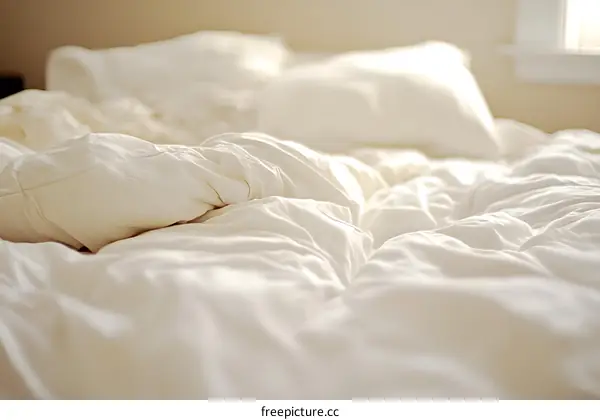White Bed Linen with Wrinkles in the Sunlight