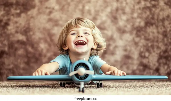 Child Playing with Airplane Toy with Joyful Expression