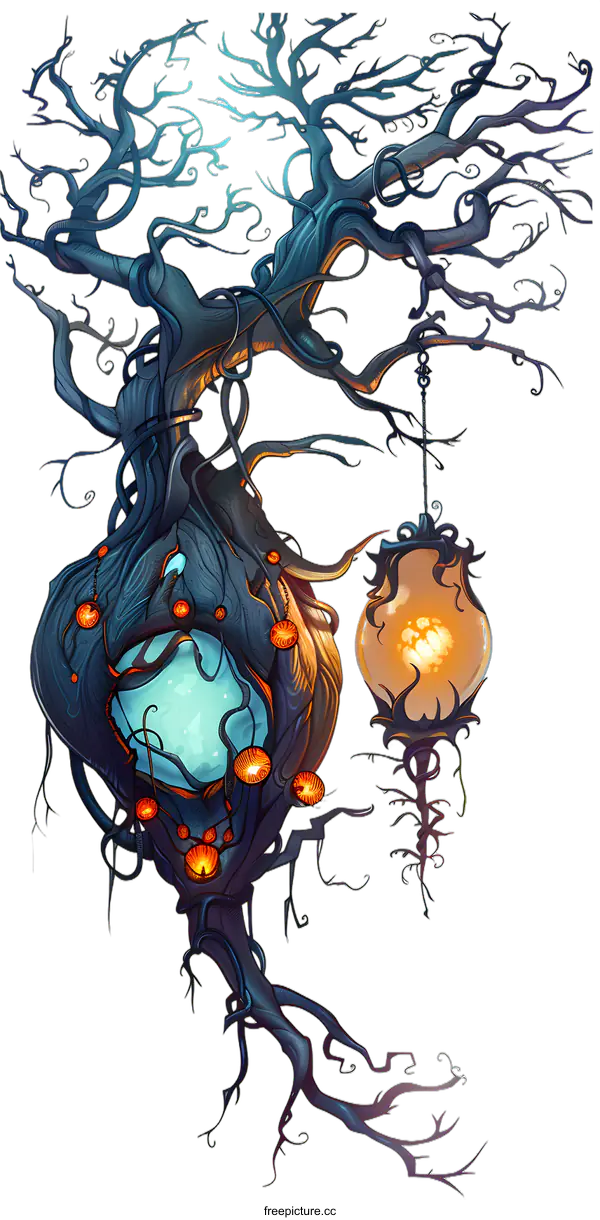 [Transparent Background PNG]Fantasy Tree Illustration With Glowing Lanterns