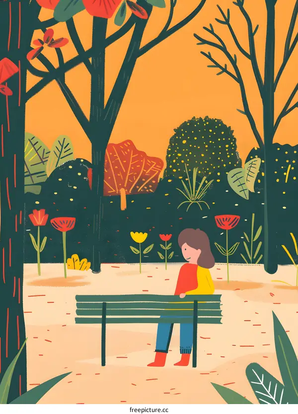 Woman Sitting on a Bench in a Park Illustration