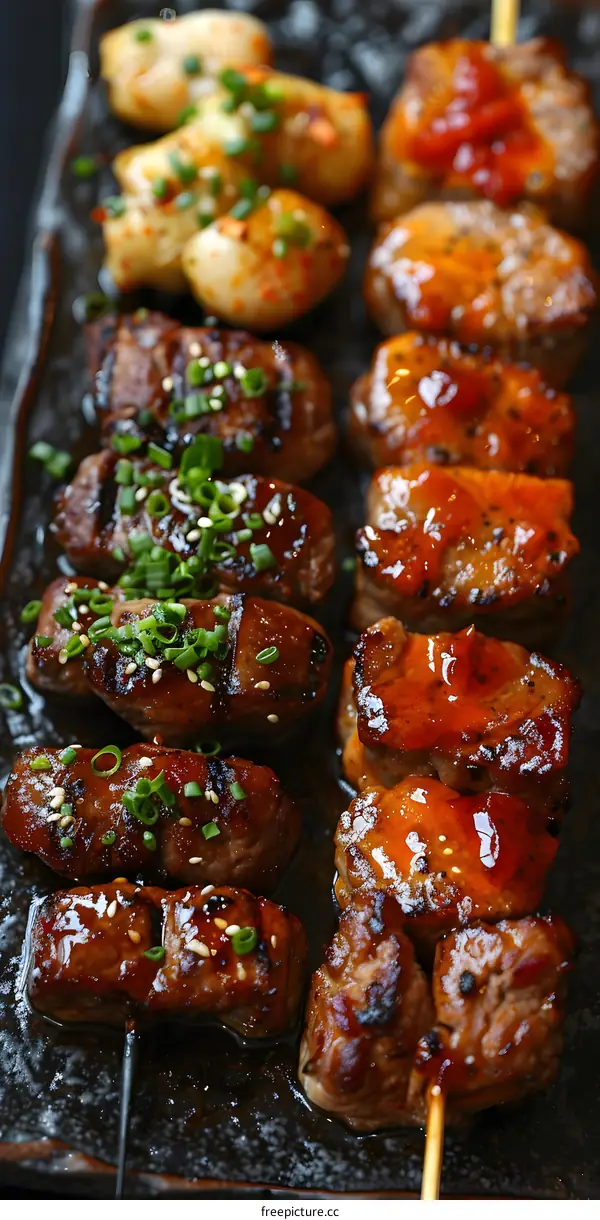 A variety of grilled meat skewers on a black plate.