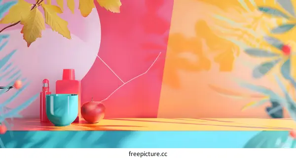 Minimalist Product Display with Colorful Background and Autumn Leaves