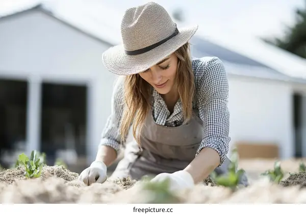 Woman Gardening in a Sunny Backyard