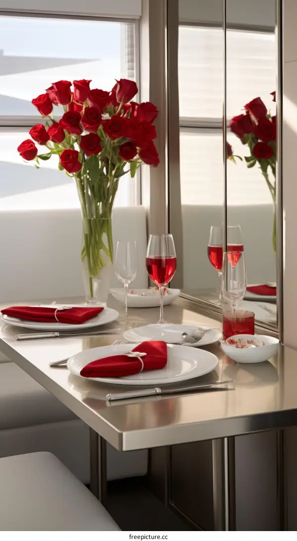 A romantic dinner table with red roses and wine