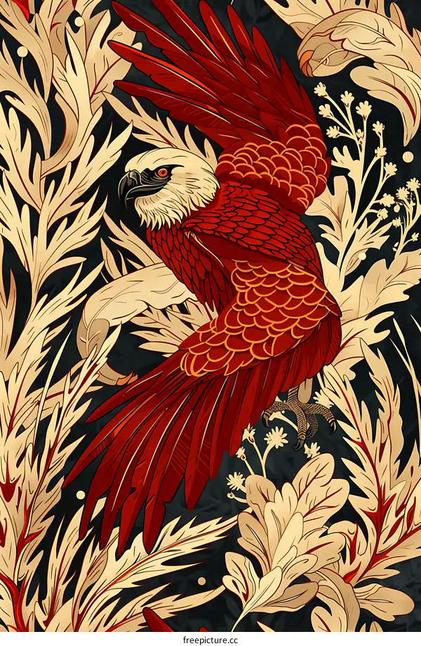 Red Hawk with Spread Wings in Floral Pattern