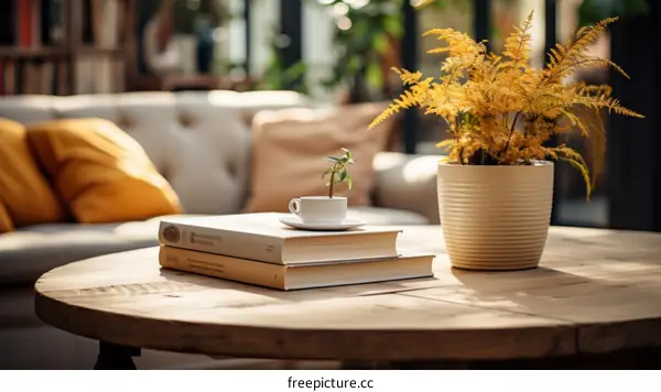 A beautiful living room with a coffee table, books, a plant, and a couch