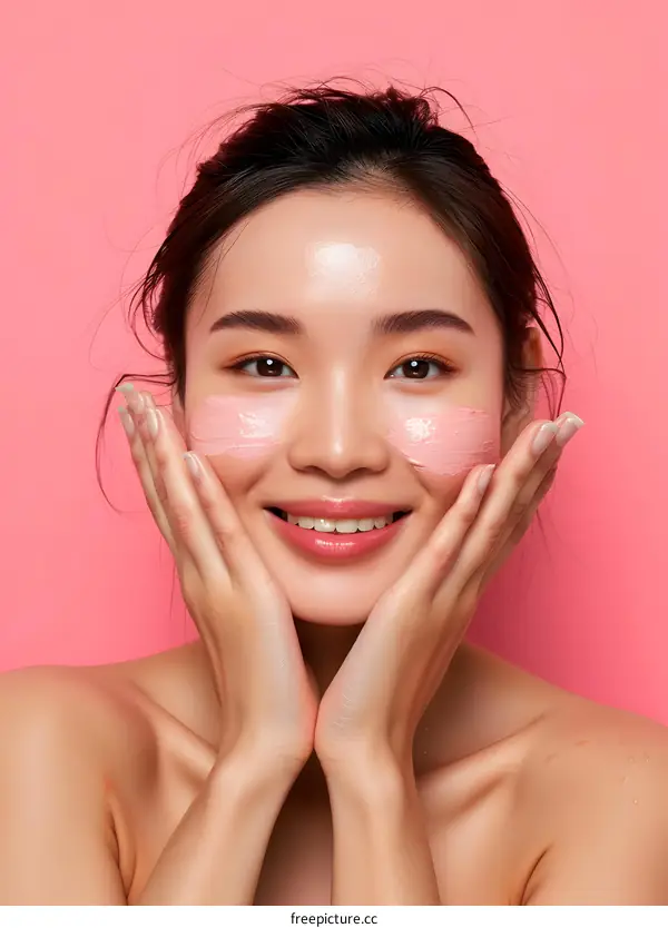 Smiling Asian Woman Applying Pink Face Mask