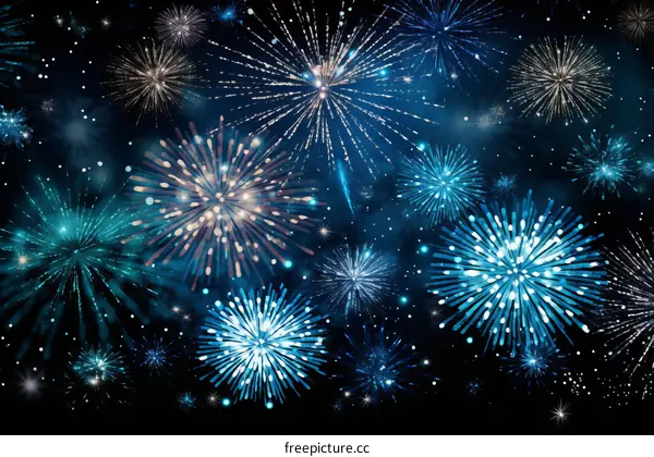 Blue and white fireworks light up the night sky