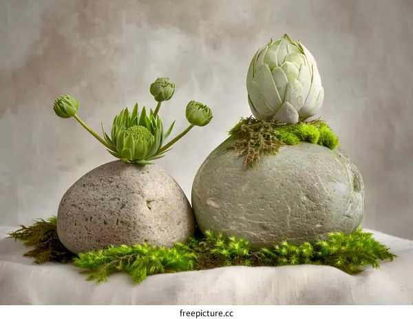Green Succulents in Stone Vases on Fabric Background
