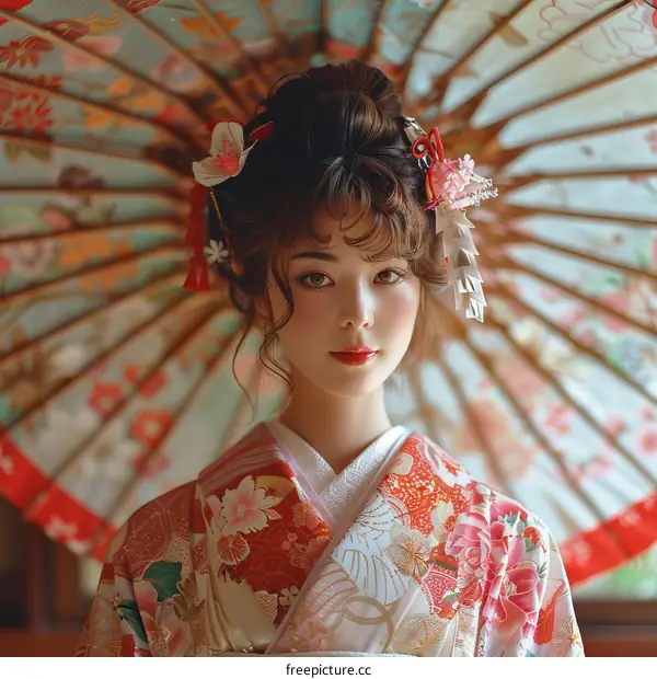 Japanese Woman in Traditional Kimono with Flower Hair Accessories