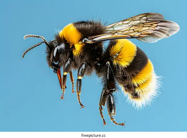 Bumblebee in Flight on Blue