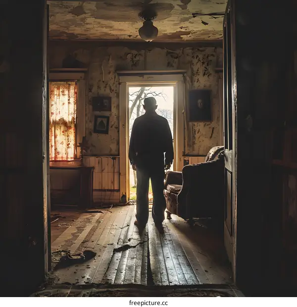 Silhouette of a Man Standing in a Doorway of a Abandoned House