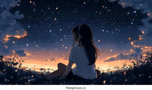 Girl Listening to Music Under a Starry Sky