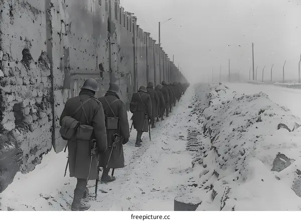 world war two soldiers in snow walking along a destroyed building