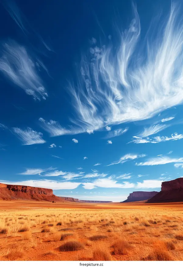 Red Rock Formations in Vast Desert Landscape Under a Blue Sky