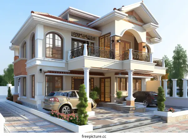 A beautiful two-story house with a balcony and a garage