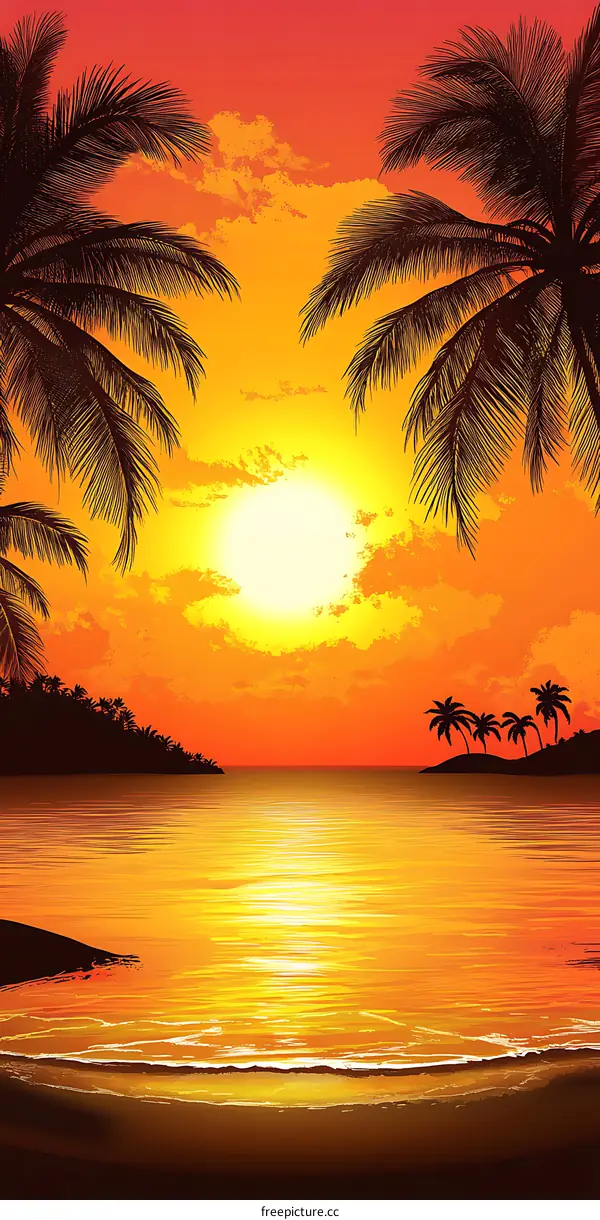 Tropical Sunset With Palm Trees And Ocean