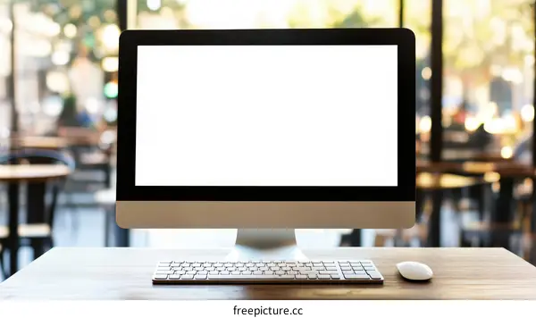 Modern Workspace Desktop Computer Mockup in Cafe Environment